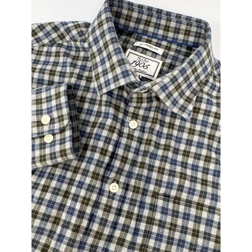 Jos A Bank 1905 Mens Stretch Tailored Fit Blue/Gray Plaid Flannel Shirt Sz Lg G2